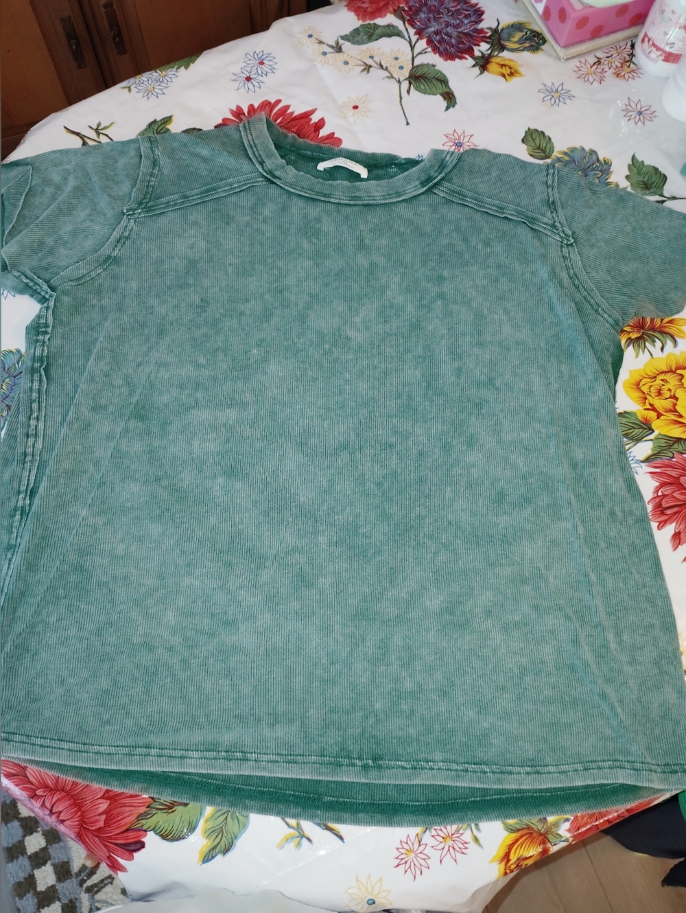 Zenana  Ribbed T Shirt Mineral Wash Short-Sleeve Washed Green Tee XL
